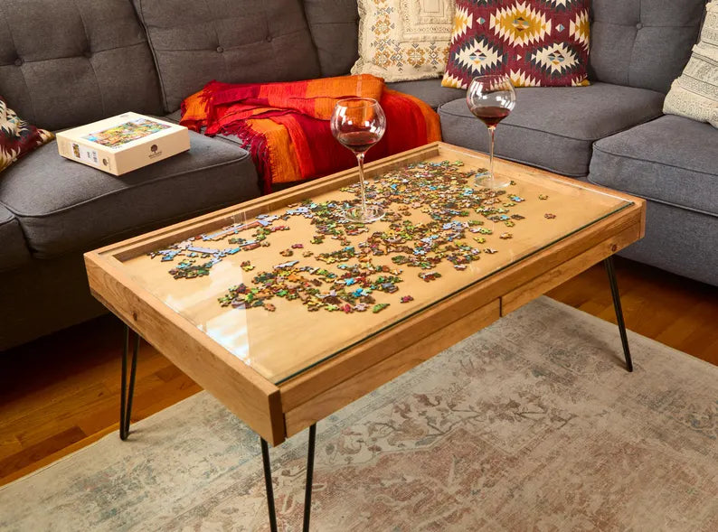 Rustic Puzzle Coffee Table with removable glass top - includes 2 hidden drawers
