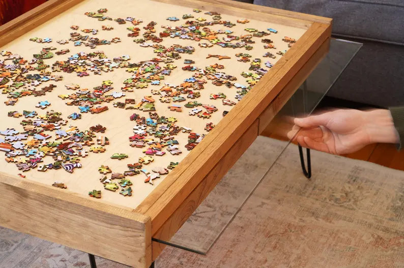 Rustic Puzzle Coffee Table with removable glass top - includes 2 hidden drawers