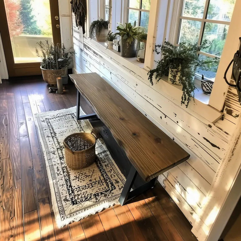Wood Bench - Handmade Rustic Live Edge Style | Trapezoid Steel Legs