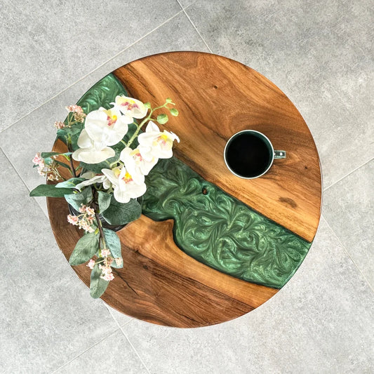 Round Live Edge Resin Coffee Table Walnut Side Table Mid Century Modern End Table with Wooden Legs Handmade