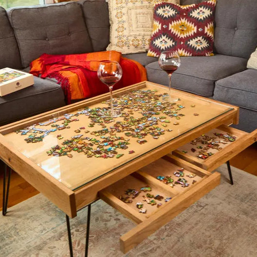 Rustic Puzzle Coffee Table with removable glass top - includes 2 hidden drawers