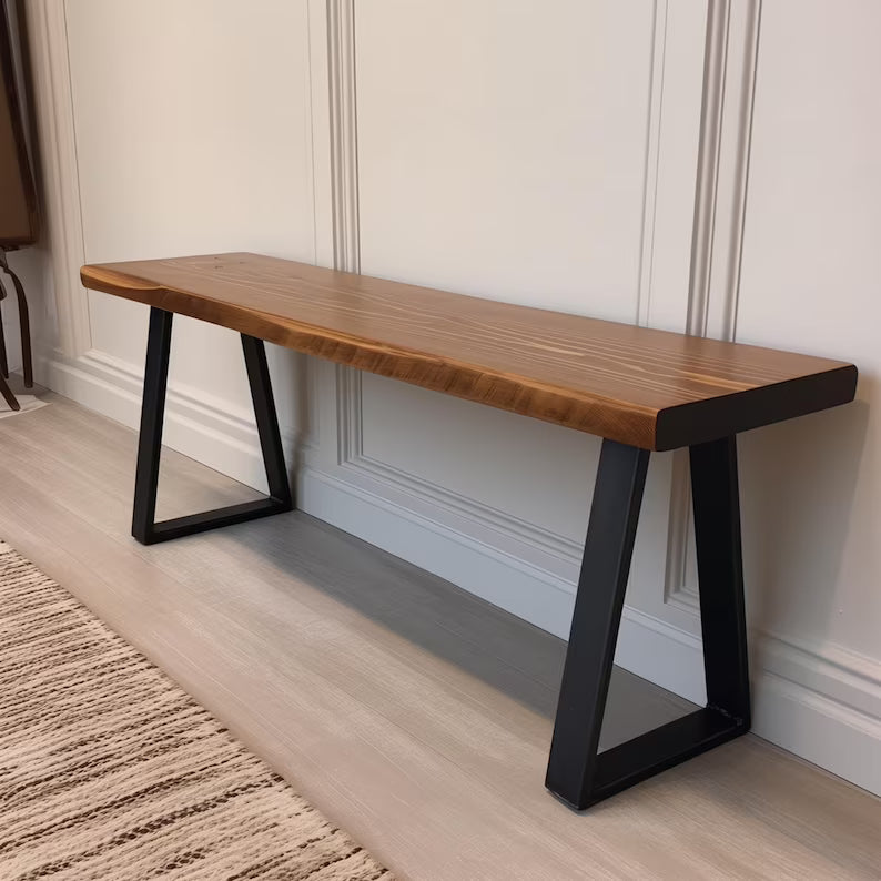 Wood Bench - Handmade Rustic Live Edge Style | Trapezoid Steel Legs