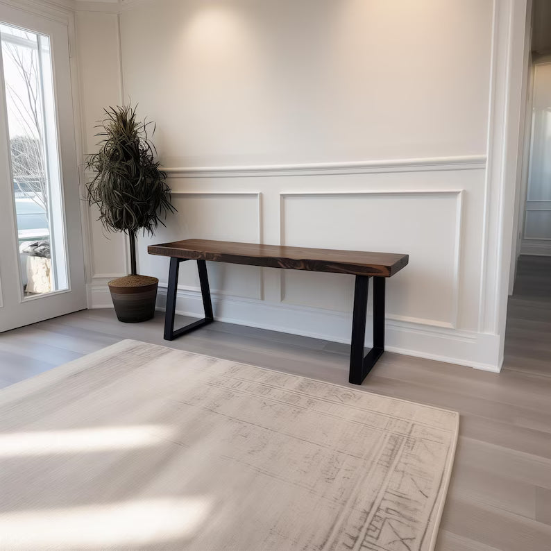 Wood Bench - Handmade Rustic Live Edge Style | Trapezoid Steel Legs