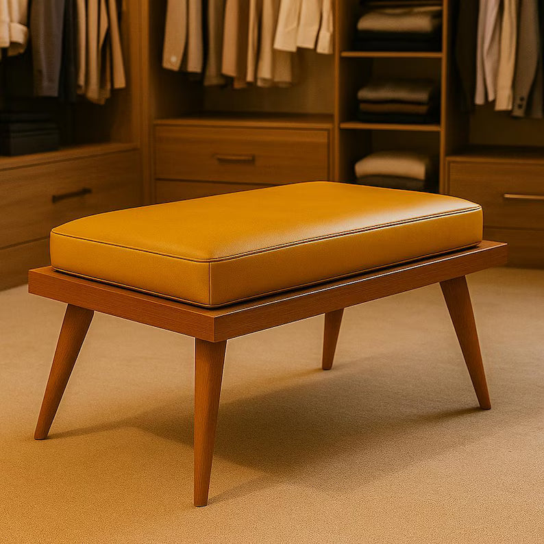 Mid-Century Modern Leather Bench: Handmade Entryway Seating